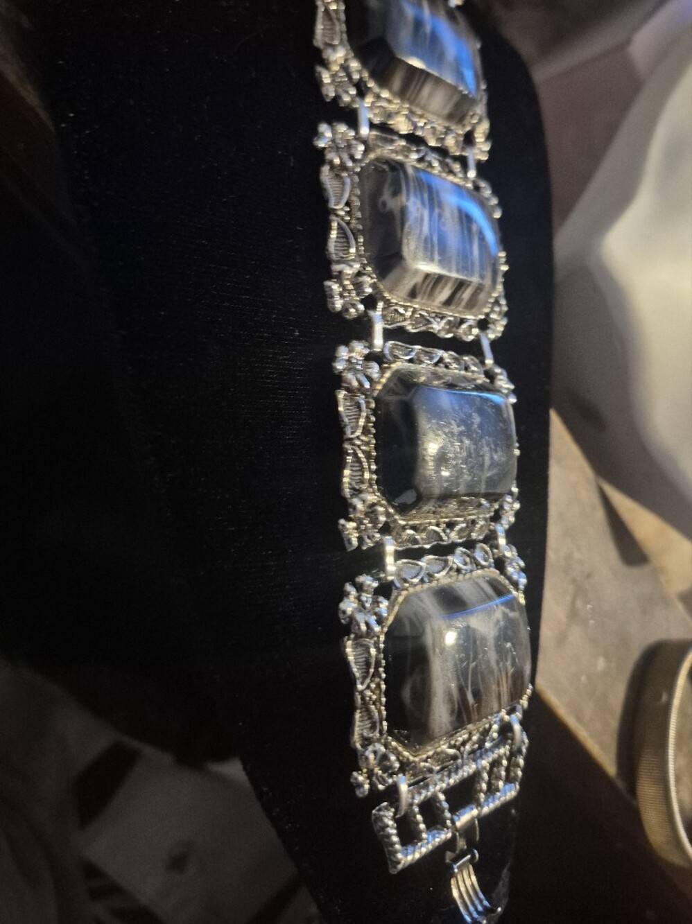 Silver Tone Black Marble Panel Bracelet